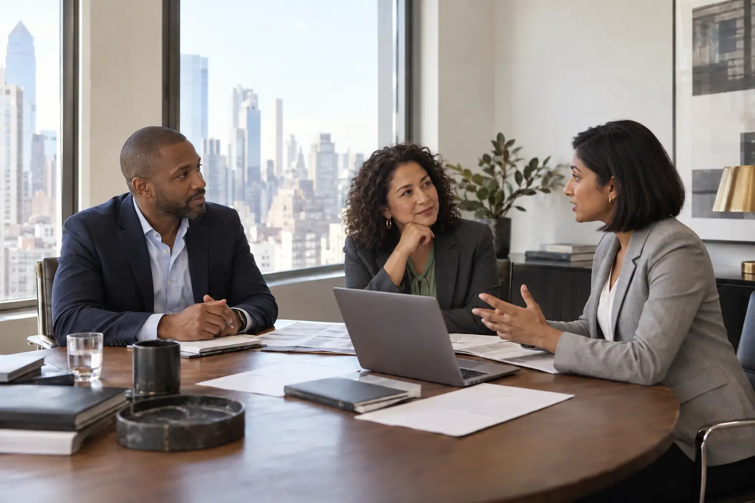 Three professionals collaborating in a bright private office
