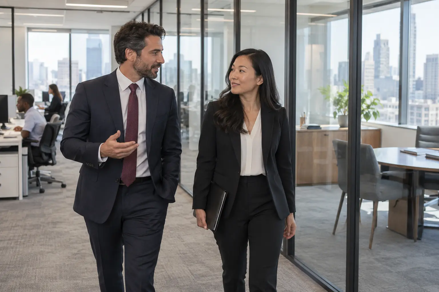 Two corporate professionals walking through a contemporary office